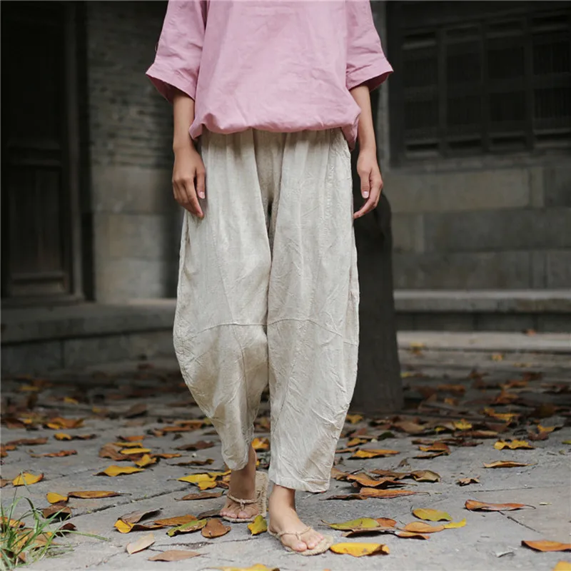 

Johnature Summer Vintage Elastic Mid Waist Pants 2019 New Women Solid Color Pockets Patchwork Loose Ankle-Length Harem Pants