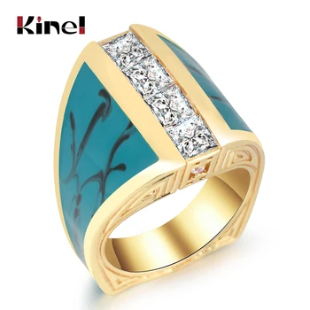 

Kinel Luxury Enamel Big Ring Gold Color Square zircon Wedding Jewelry Party Ring Fashion 2019 New