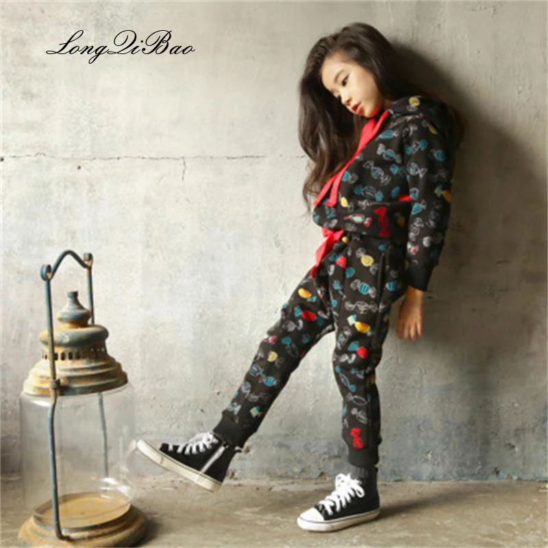 

Baby girl 2018 cotton cute candy print hooded long-sleeved girls sweater suit