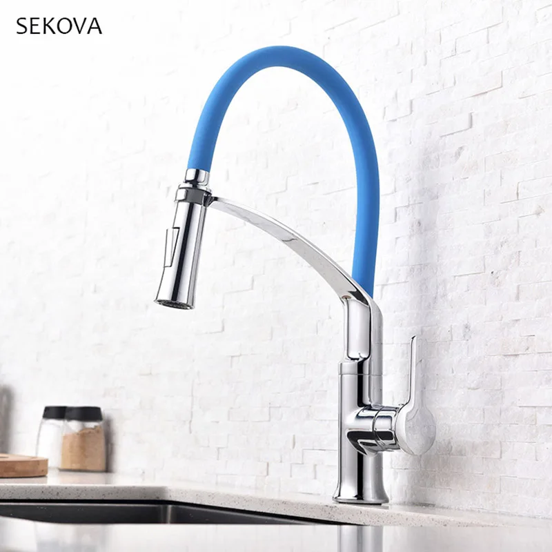 Red/Black/Green/Blue Silica gel tube Kitchen Faucet Pull Out Spray Water Mixer Tap Hand Held Deck Mounted Sink Faucet Chrome