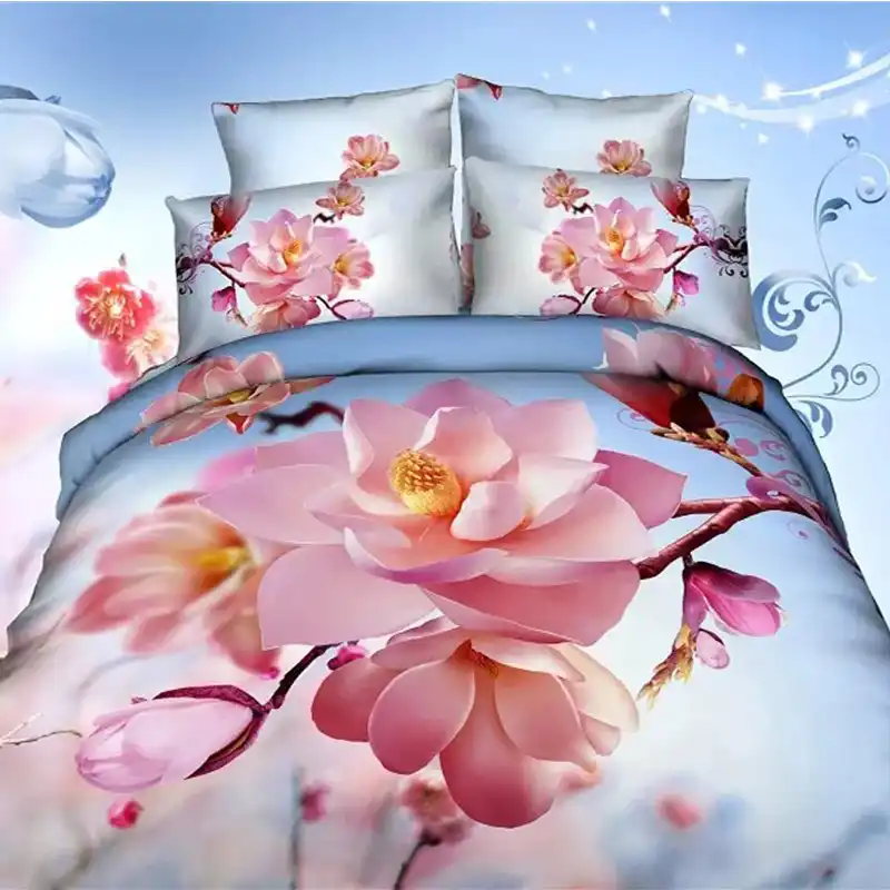 Bright Color Pink Magnolia Flower Blue Bedding Sets Queen King 3d