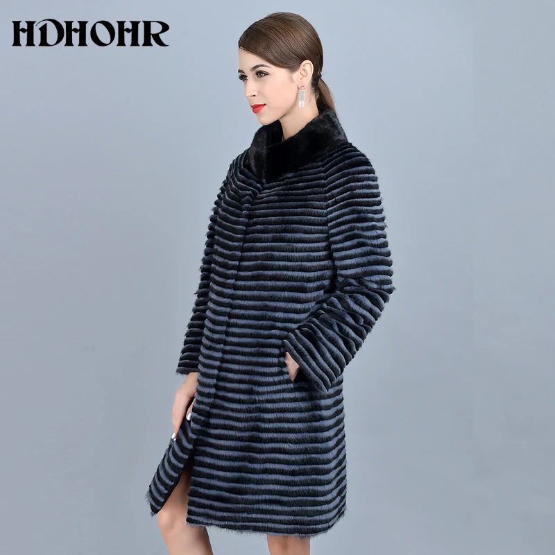 HDHOHR 여성용 진짜 밍크 모피 코트, 다운 양면 착용 재킷, 따뜻한 진짜 가죽 스트립, 긴 재킷, 2023 신상