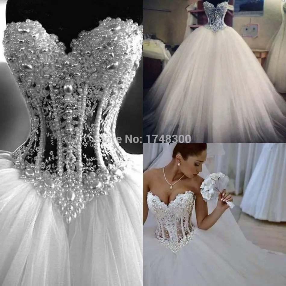 Euro New Style Corset Bodice Sheer Wedding Dresses Pearls Tulle