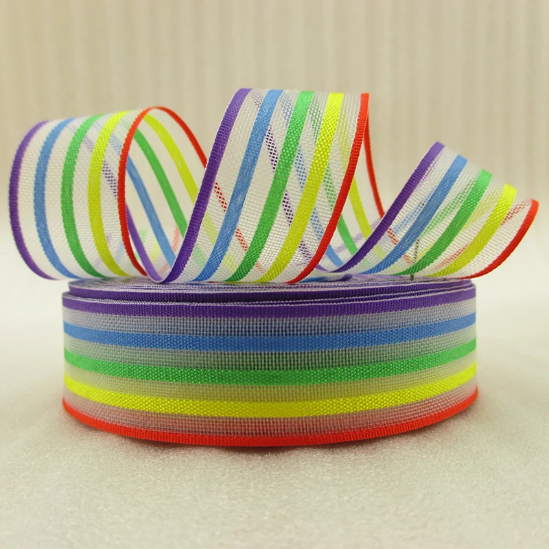

10Y42268 width:21mm Rainbow color organza ribbon printed polyester ribbon 10 yards, DIY handmade materials, wedding gift wrap