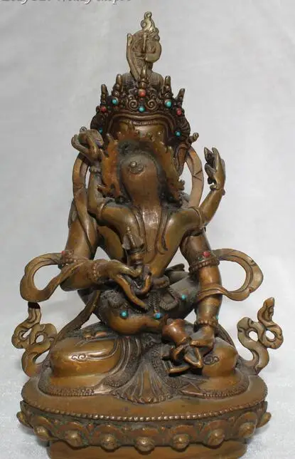 

10" Tibetan Pure Bronze Inlay Gem Seat Mandkesvara Happy Buddha Yab-Yum Statue