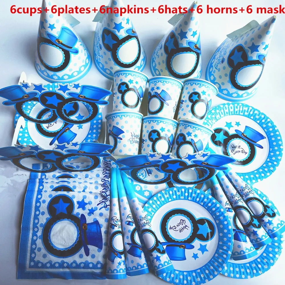 

6 person happy birthday kids Mickey baby boy shower party decoration set banner table cloth cup hats plates supplier set