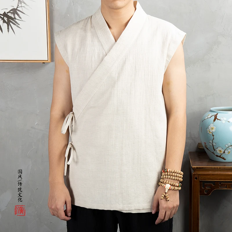 Traditional Chinese Clothing  Hanfu Men Linen cotton sleeveless Jacket mens tang suit Kimono Cardigan Male Open Stitch Coat 4