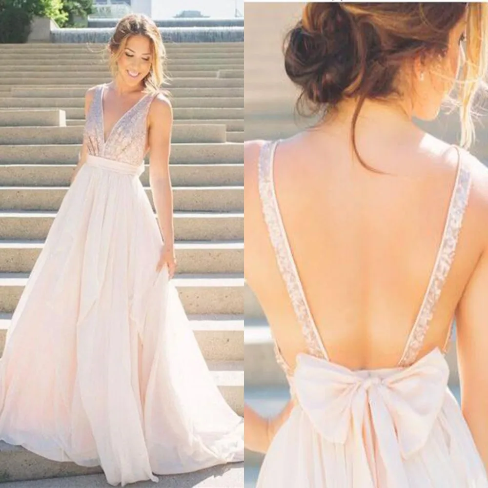 

Sexy Backless Summer Wedding Party Gowns 2019 A Line Sequined Top Floor Length Long Cheap Bridesmaid Dress Vestido De Fiesta