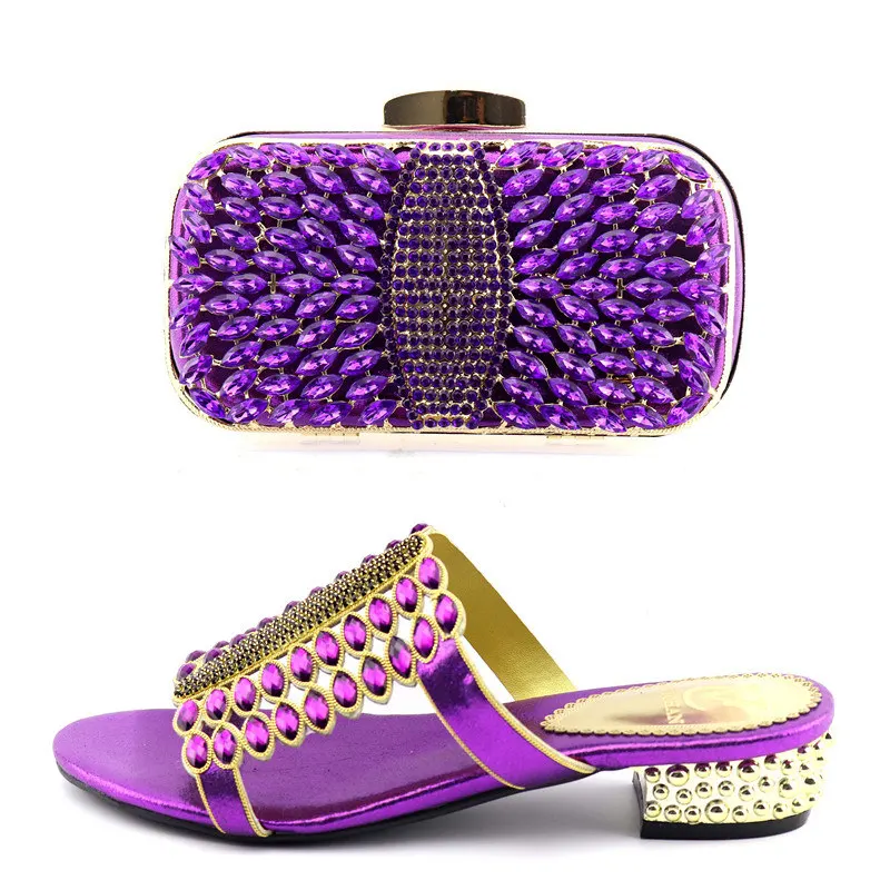 Новинка; модная итальянская обувь и сумка в комплекте с блестящими кристаллами фиолетового цвета; африканский высокий каблук; женские туфли и сумочка в комплекте для выпускного вечера; вечерние туфли