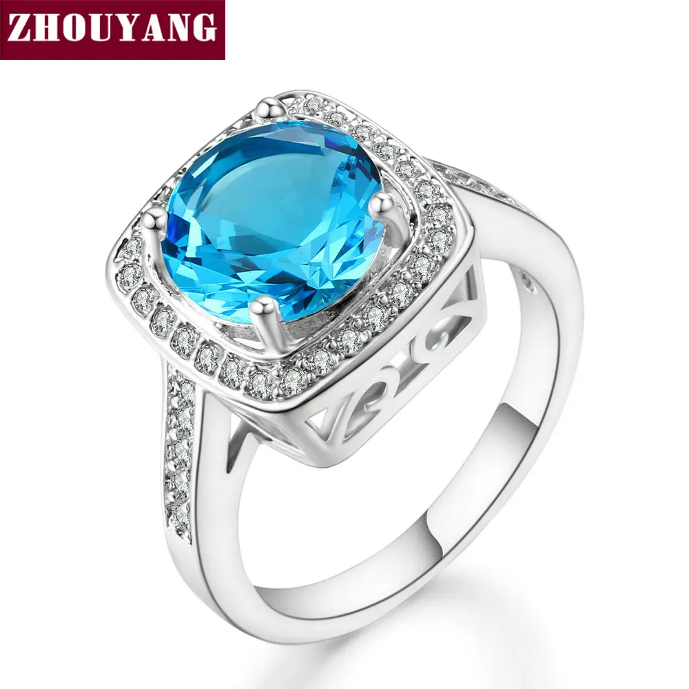 

ZHOUYANG Ring For Women Four Claws Ocean Blue Cubic Zirconia Crystal Silver Color Birthday Party Gift Fashion Jewelry DD067