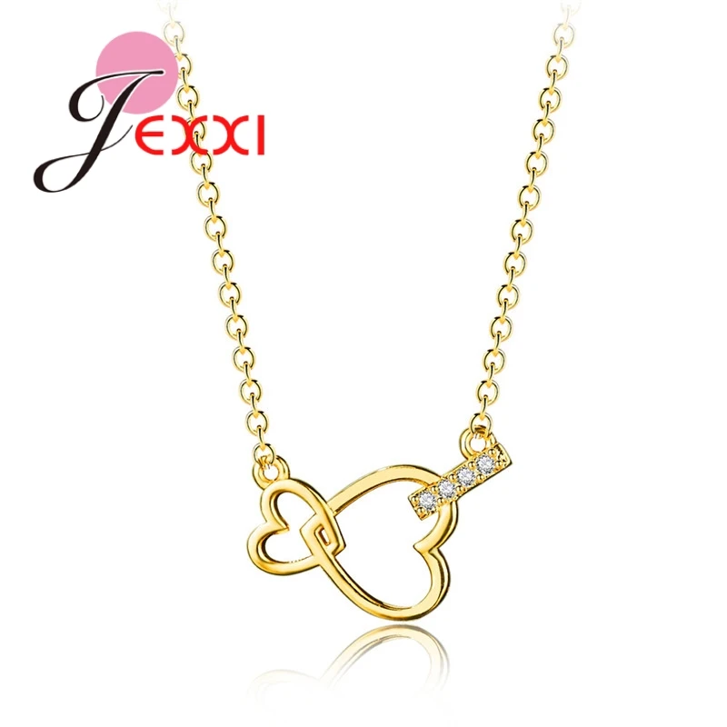 

Jemmin Fashion Double Heart Type 925 Sterling Silver Holiday Party Christmas Golden Yellow Zircon Crystal Pendant Necklace Ladie