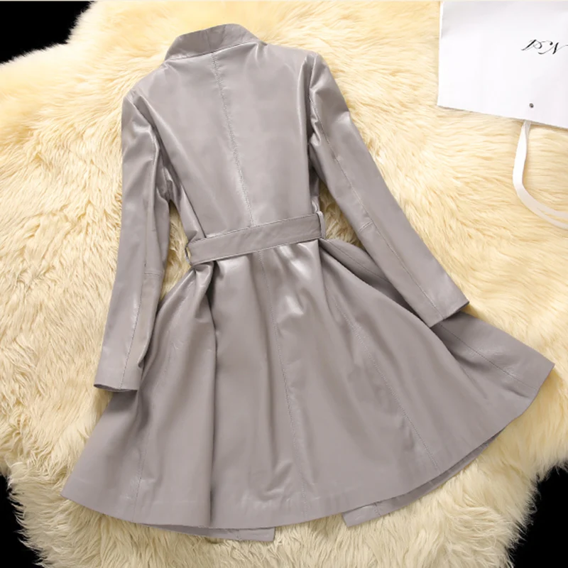 Haute Mince Printemps En Qualité 2018 Nouveau Manteau Lf426 De Ceintures Peau Femmes Dames Vestes Automne Cuir Veste Doux Mouton Kaki Gris Longues QrstxChd