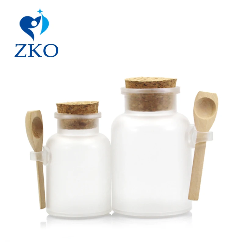 

High-end hot-selling Free shipping 5pcs 100ml/200ml Clear Round Cosmetic Empty Matte Cork Jar Bath Salt Bottle with Wood Spoon