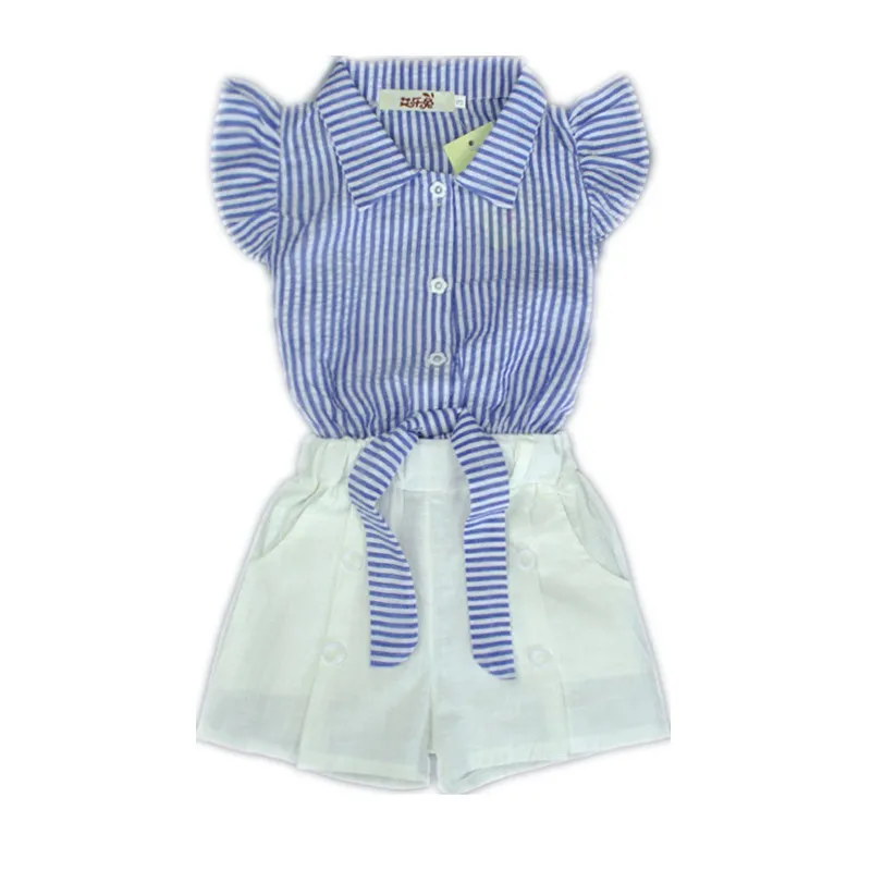 

start hot style han edition of tall waist striped short-sleeve shirt + cotton pure white shorts fashion suits the spot