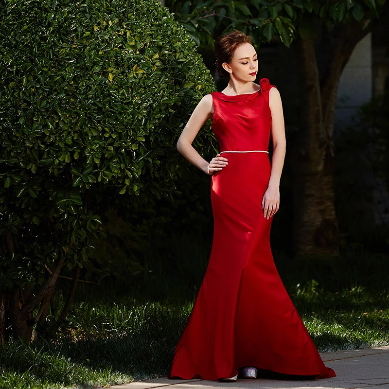 

new hot sexy backless crystal beading flower Formal gown vestido de festa red long mermaid Evening elegant Dress 2015