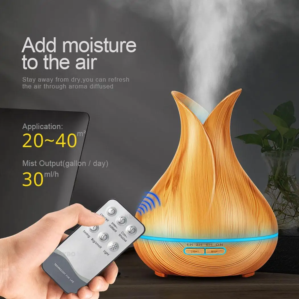 

High Quality 400ml Ultrasonic Air Humidifier Aroma Essential Oil Diffuser with Wood Grain 7 Color Changing LED Lights