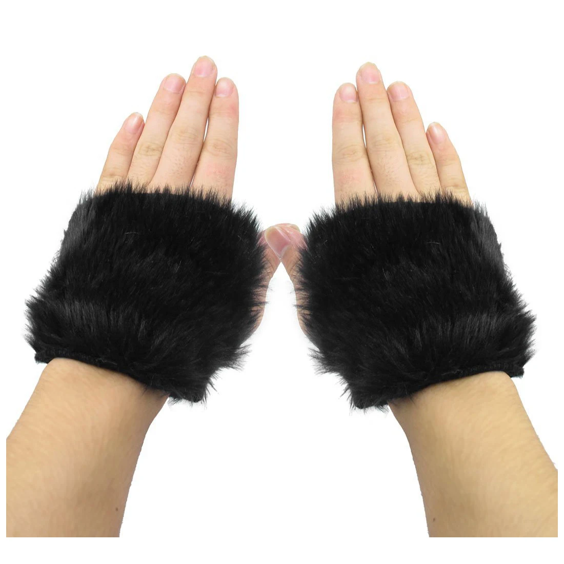 Pair Black Fingerless Faux Fur Covered Winter Hand Warmer Gloves for