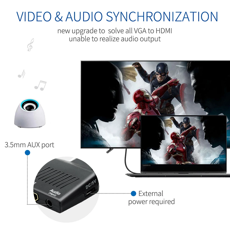 QGeeM преобразователь из VGA в HDMI с аудио Full HD адаптер видеовыходом 1080P для ПК