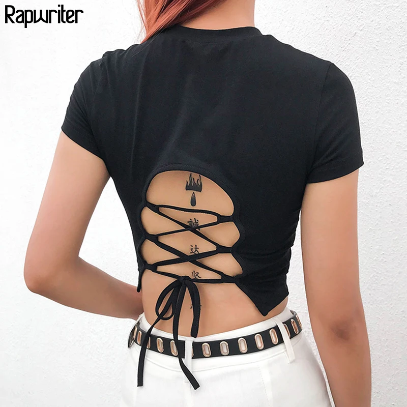 

Rapwriter Sexy Backless Cross Lace-up Harajuku Black T-Shirt Women 2019 Summer Elastic Basic O-Neck Short Sleeve Tees Tops Tee