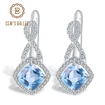 

GEM'S BALLET 4.52Ct Cushion Checkerboard Natural Sky Blue Topaz Gemstone 925 Sterling Silver Stud Earrings Women Fine Jewelry