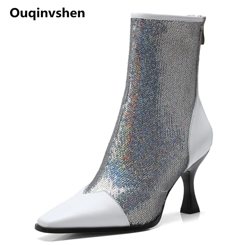 

Ouqinvshen Bling Square Toe Women Winter Shoes Plus Size 34-43 Strange Style Zipper White Ladies Ankle Boots Fashion Women Pumps