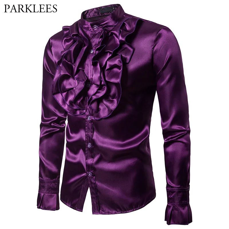Acheter Violet En Satin de Soie Chemise Hommes Unique Designe Vintage De Mariage Smoking Chemise Homme Manches Longues Slim Fit Chemise Gothique Mâle Chemise homme