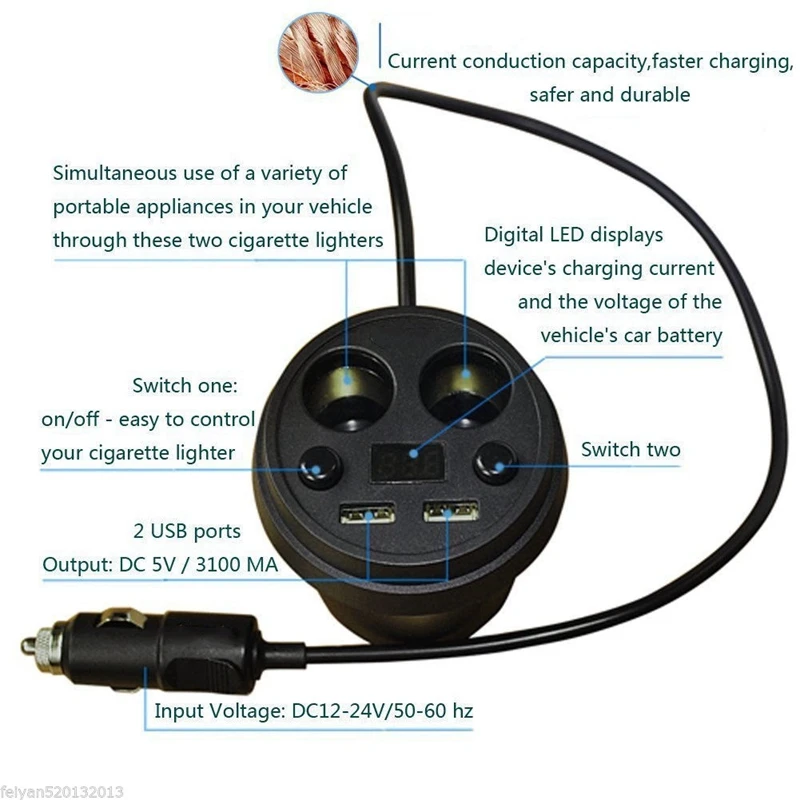 Чашка автомобильное зарядное устройство Многофункциональный дисплей Напряжение 3.1A 2 USB Автомобильное зарядное устройство DC12-24V прикуривателя Разветвитель для gps DVR зарядки