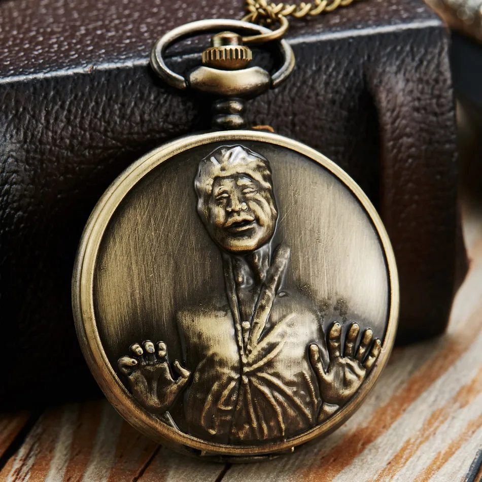

Bronze Man Head Sculpture Pocket Watch Necklace Pendant Chain Vintage Antique Quartz Pocket Watch Unisex Gifts Relogio De Bolso