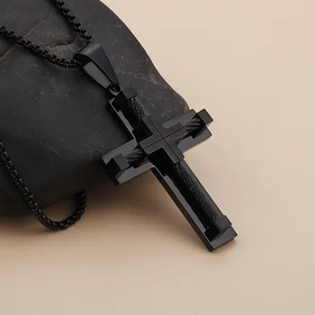 

Fashion Men Punk Male Cross Jesus Pendant Black Titanium Steel Cable Wire Jesus Rope Cross Pendant Necklace Jewelry