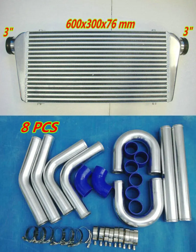 

For 8pcs Silicone Hose + 600x300x76mm Aluminum Intercooler Turbo piping In/Out 3" pipe + Fans Tube & Fin Front Mount 600x300x76