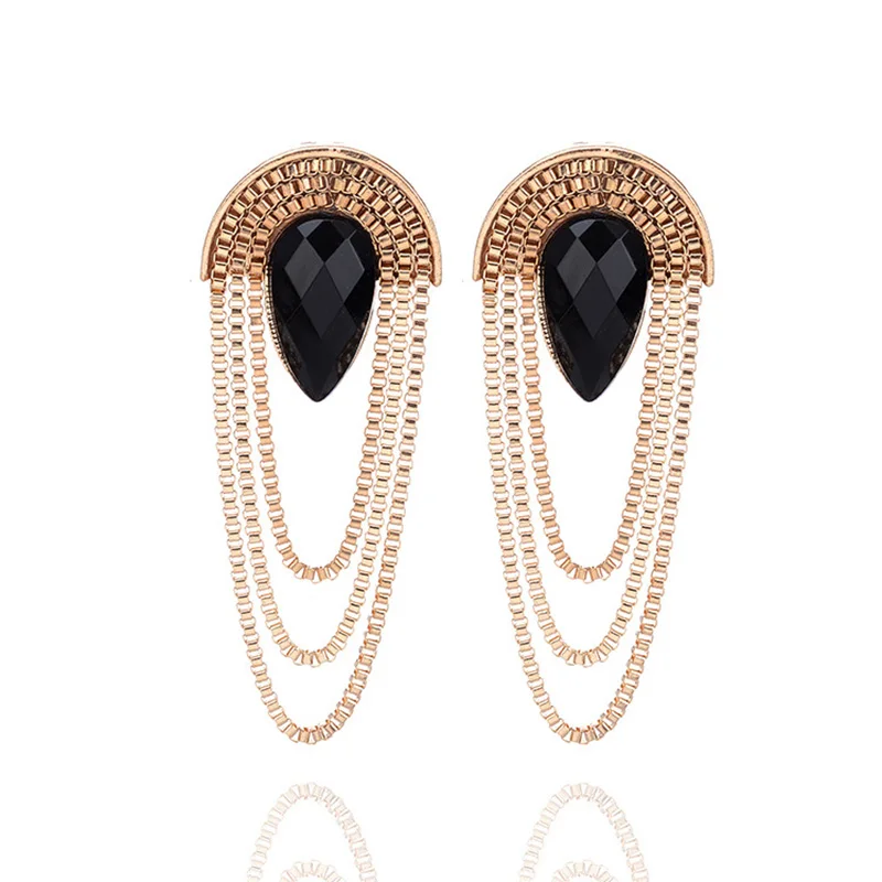 

Vintage Fan-shaped Black Crystal Gold Color Multi-layer Chain Tassel Earrings 2020 Fashion Long Earrings For Women Jewelry Gifts
