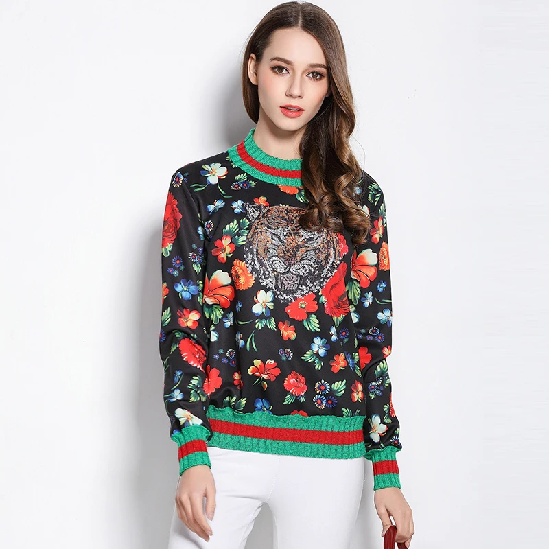 

Luxury Brand Striped Collar Hem Sweaters Women 2018 Spring Long Sleeve Runway Sweaters Tiger Head Floral Pattern Print Pullovers