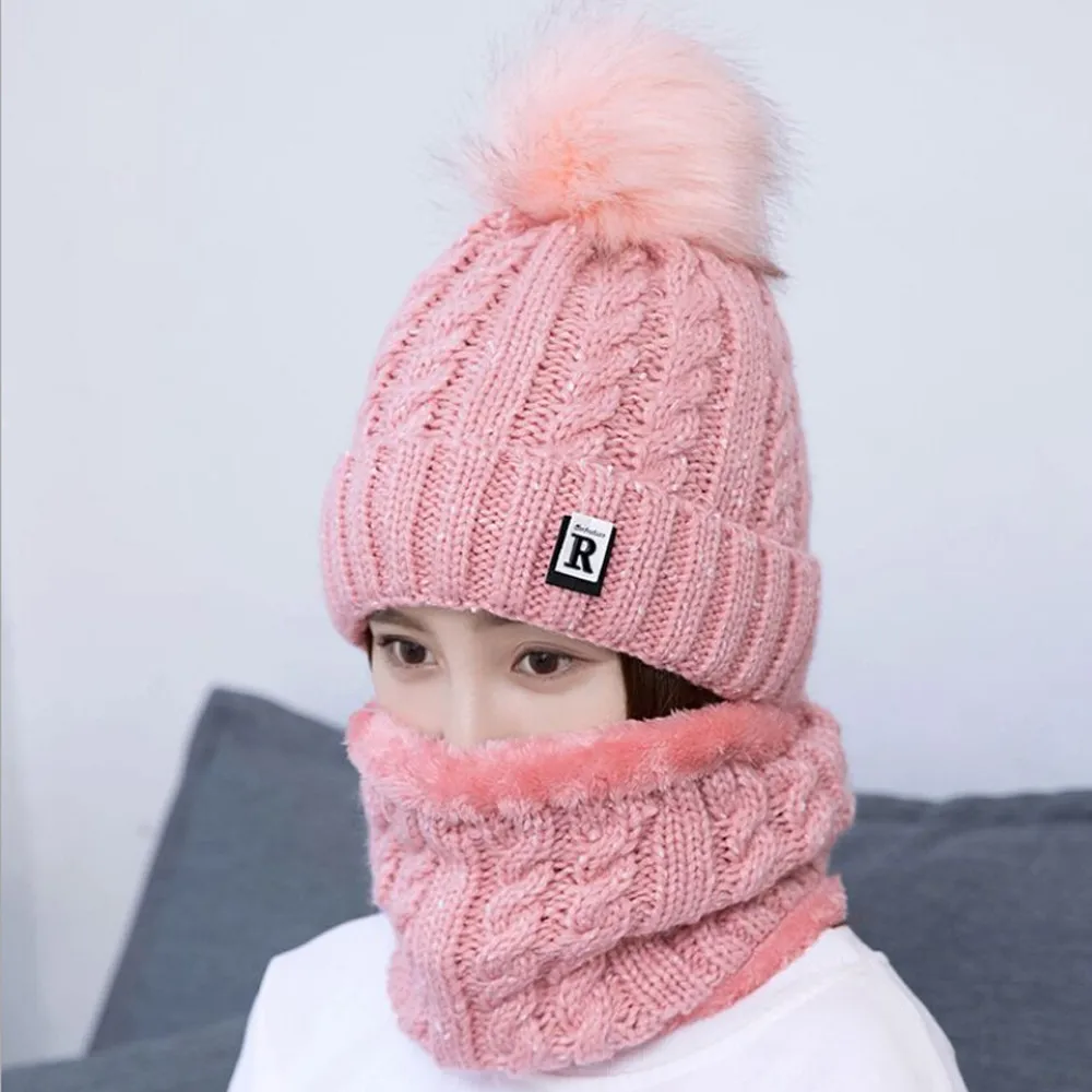 Новинка, шапка вязаная шапка, 2 шт., harajuku, женская зимняя теплая вязаная шапка Venonat, шапка+ шарф, сохраняющий тепло, комплект с помпоном, в стиле хип-хоп - Цвет: pink