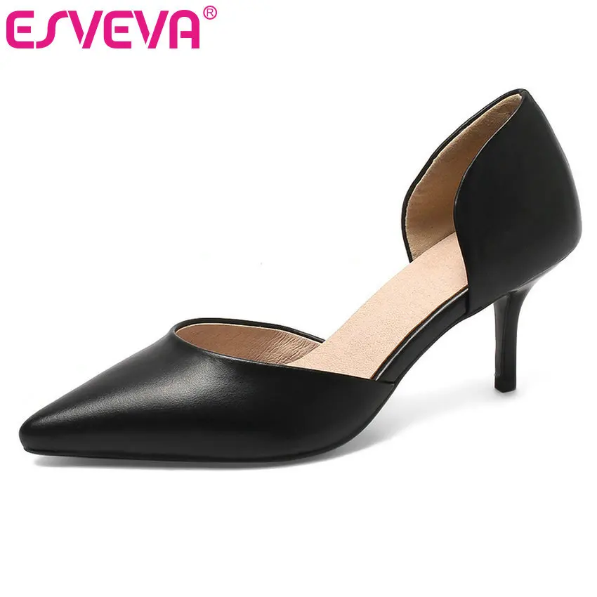 

ESVEVA 2019 Women Pumps Thin High Heel Pointed Toe Genuine Leather Concise Basic Shallow Single Shoes Spring Shoes Size 34-43