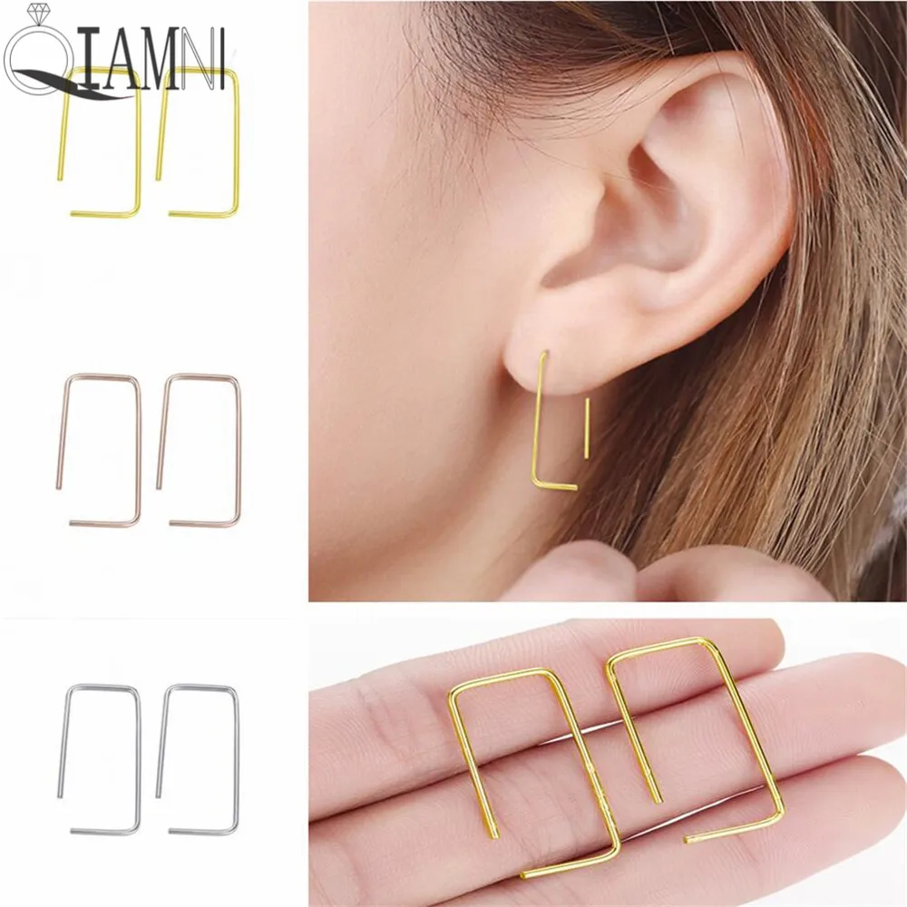 

QIAMNI Trendy Handmade Pin Staple Rectangle Hoop Earring Sexy Minimalist Ear Cuff Wire Loop Earring Gift Brincos Pendientes
