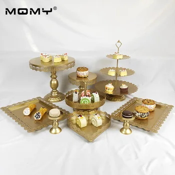 

9Pcs / Set Fancy Round Birthday 3 Tier Gold White Pink Metal Wedding Cake Stand