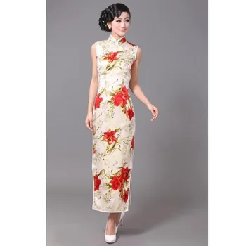 

Free Shipping White Chinese Tradition Women's 100% Silk Flower Long Cheong-sam Dress S M L XL XXL J3413