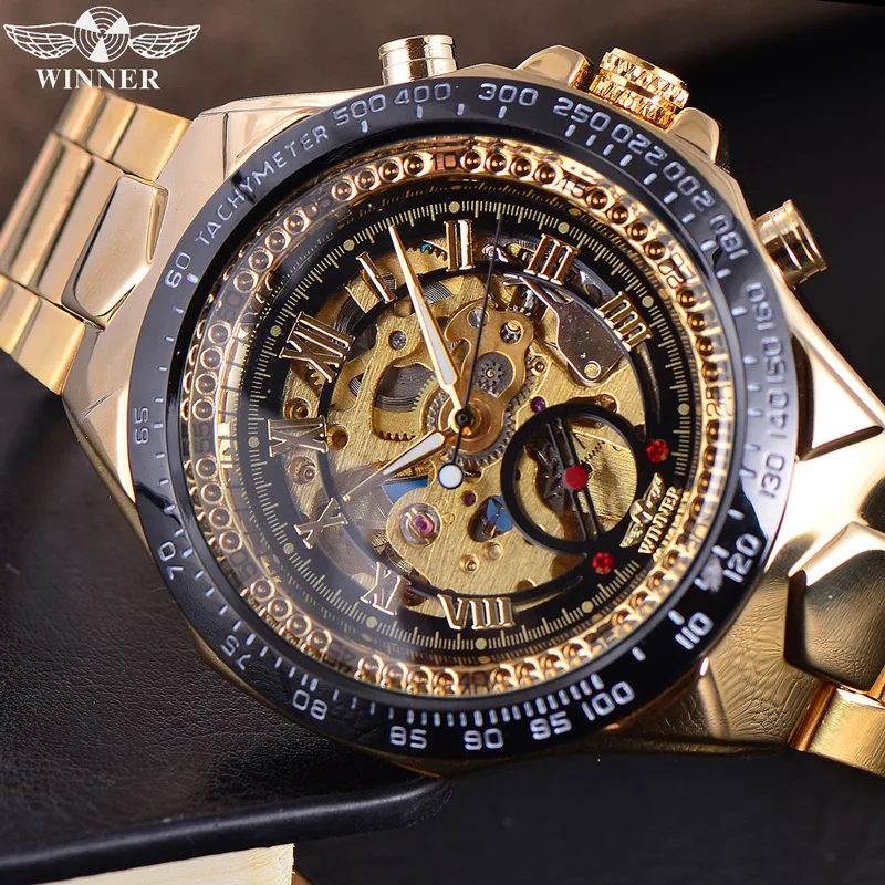 font b Winner b font Automatic Mechanical Watches Men s Gold Luxury Steel Wrist Watch