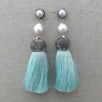 

E112612 White Pearl light Blue Tassel Earrings