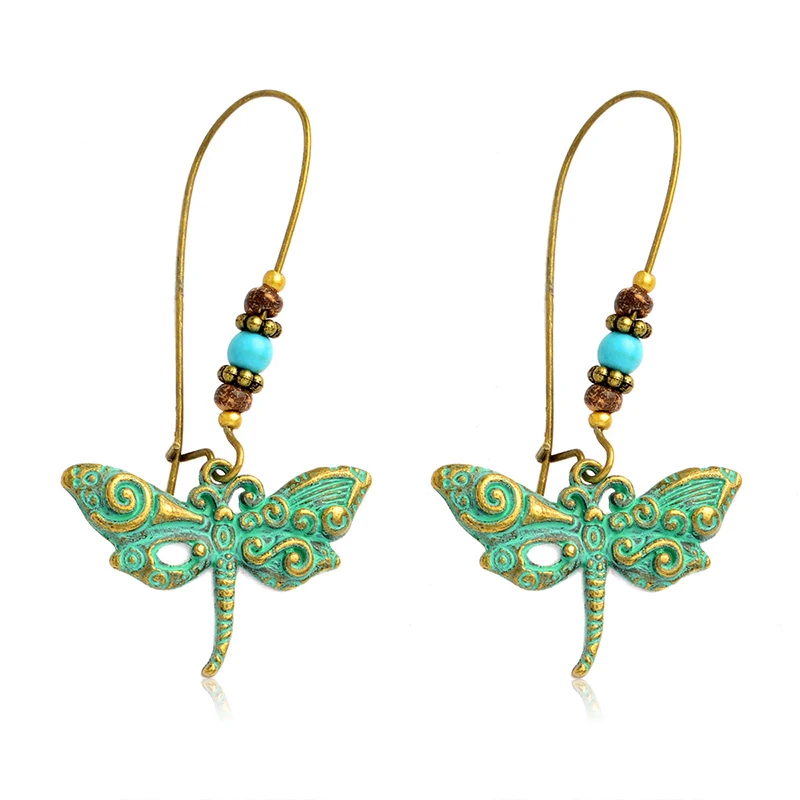 

Bohemia Vintage Dragonfly Earrings For Women Girl Summer style Animal Dangles Ancient bronze Drop Earrings Ear Jewelry Wholesale