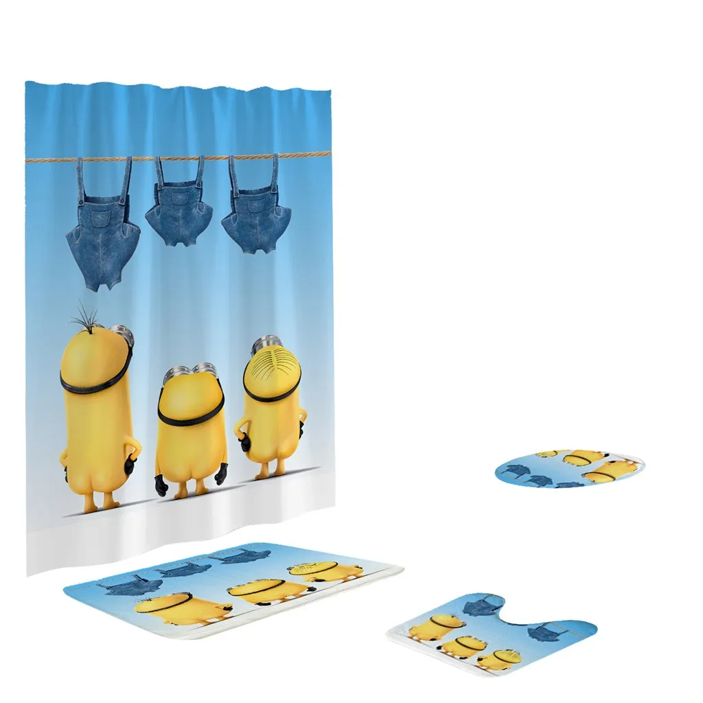 

despicable Me pattern shower curtain+Non-Slip Pedestal Rug + Lid Toilet Cover + Bath Mat Washable Set Waterproof Mildew