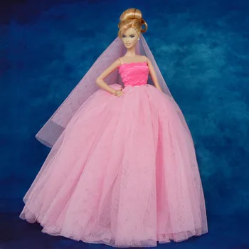 

High Quality Princess Dress Wedding Evening Party Wear Pink Lace Long Gown + 1x Veil Clothes Accessories For Barbie Doll