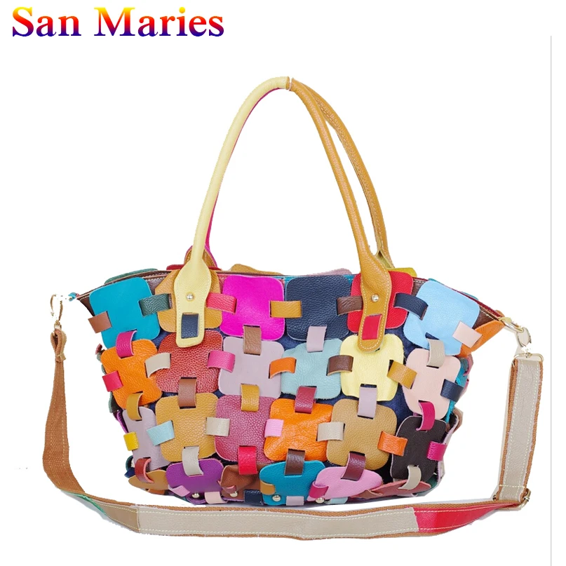

San Maries Women Cowhide Fashion Handbags Female Causal Patchwork Tote Bags Women Designer High Quality Ladies Shoulder Bags 201