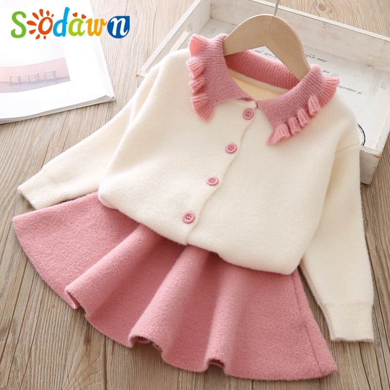 Najtaniej Sodawn Winter Girl odzież zestaw 2019 jesień koreański dziewczynka długi sweter z rękawem Lapel Kid odzież stroje maluch dzieci zestawy