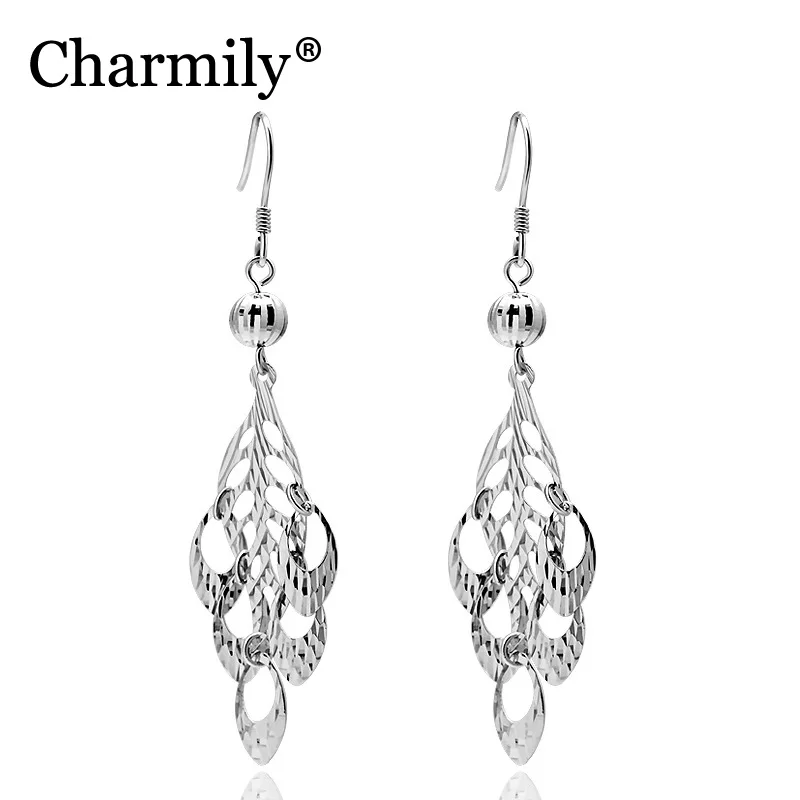 Charmily Authentic 925 Sterling Silver Cut Out Leaf With Hollow Oval Drop Earrings For Party Bar Holiday Big Size | Украшения и