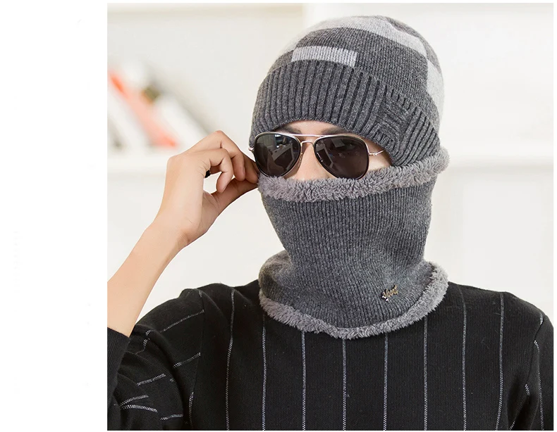 Зимние шапки для мужчин бини теплая вязаная шапка Skullies шапка шарф наборы с бархатными воротниками вязаная шапка модная ветрозащитная