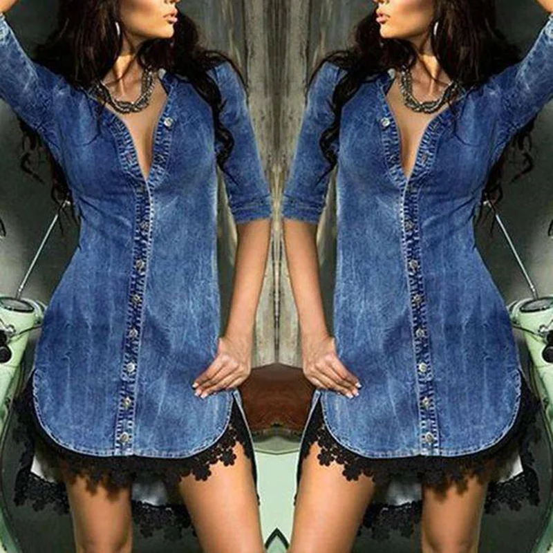 

Spring Summer Denim Dress Retro V-neck Button Half Sleeve Lace Irregular Mini Dress