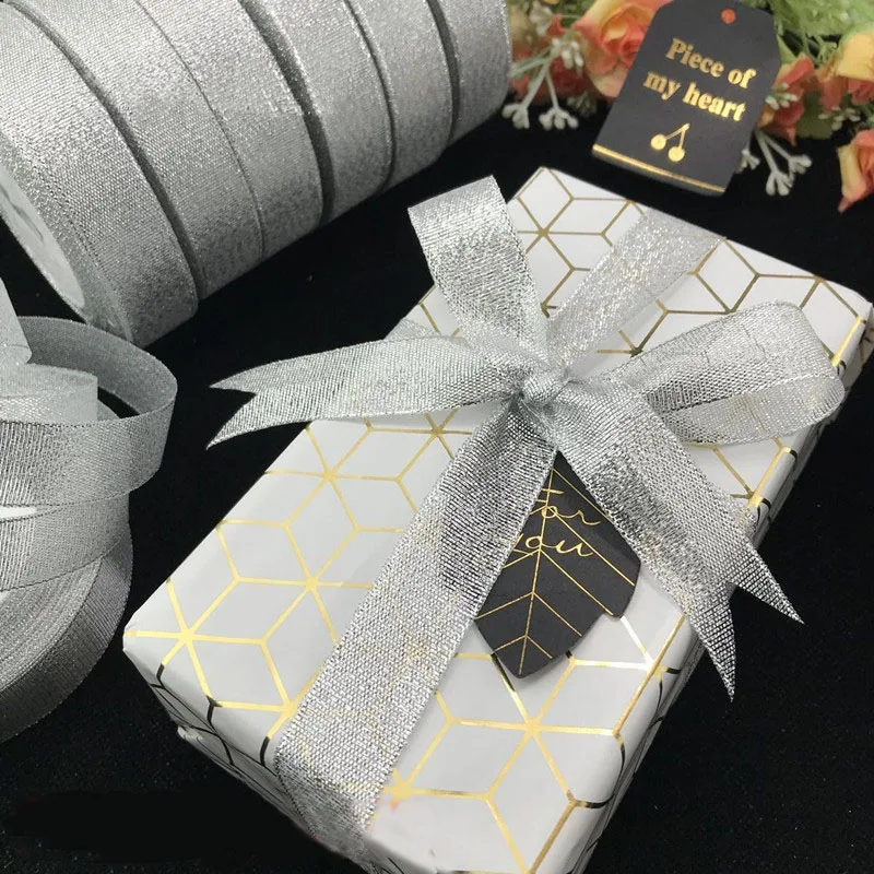 Gold/Silver Silk Organza Ribbon 25mm Glitter Embroidered Brocade Ribbons for Wedding Cake Gift Decoration Craft Supplies