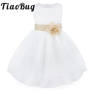 Белое платье подружки невесты TiaoBug, пиротехническое вечернее бальное платье, детское платье с бантом и цветами для причастия, платья для вып...