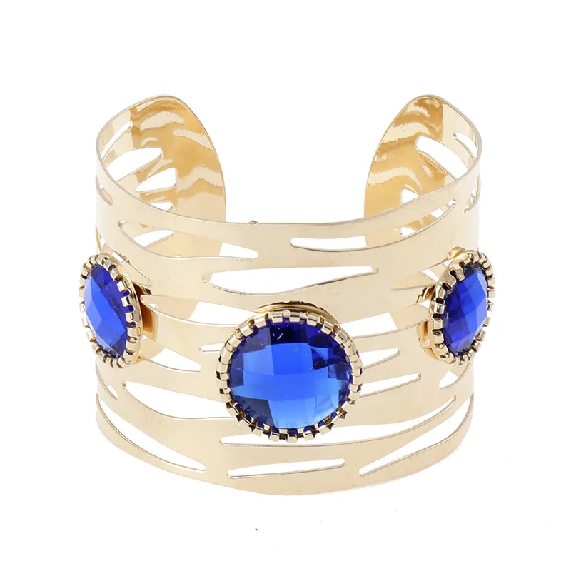 LZHLQ 2019 Новый трендовый покрытие металлом широкий браслет Макси открытие круглые украшения с синим камнем браслет женский геометрический